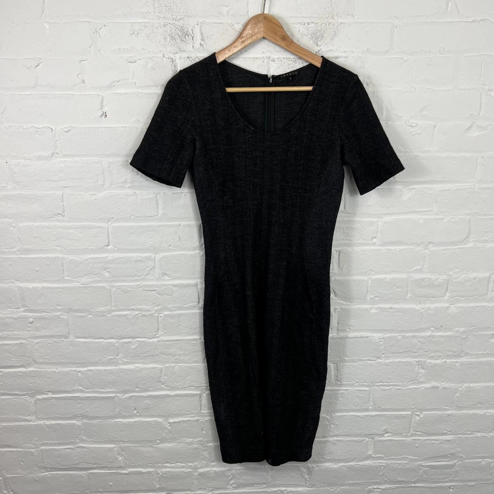 Theory Women's Short-Sleeve Tweed Bodycon Shift Dress Scoop Neck Black Size 4